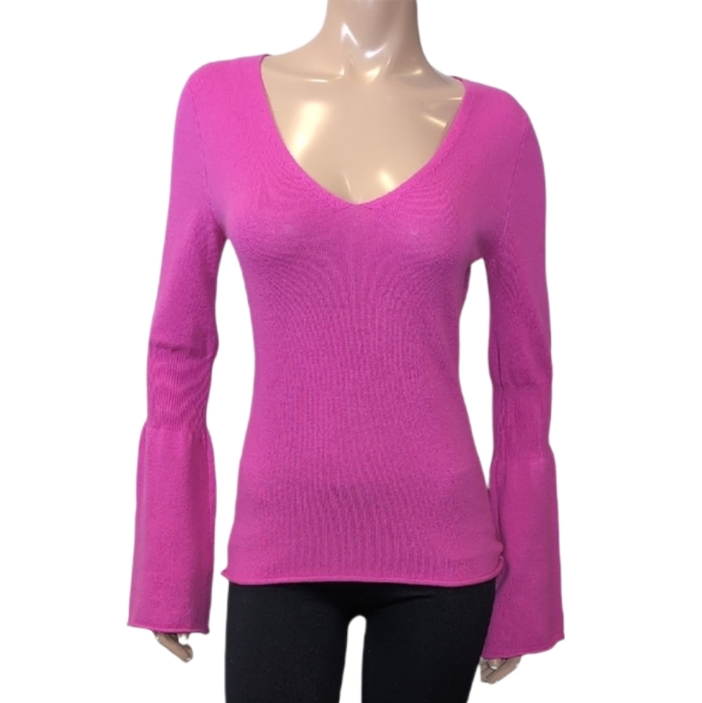 Allude Pure Cashmere Pink V-Neck Sweater Womens Size Small Bell Flare Sleeve